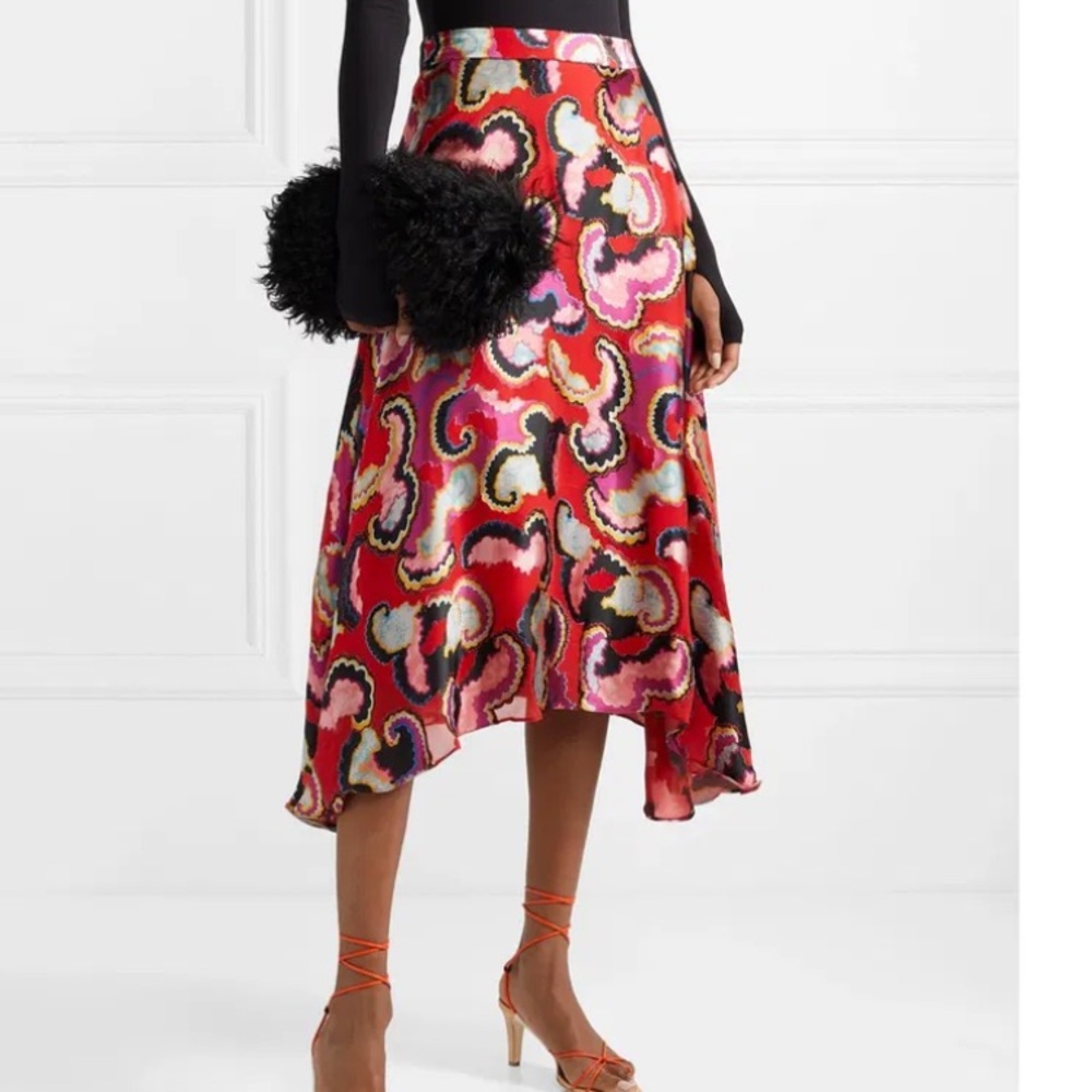 Saloni red printed satin midi skirt
